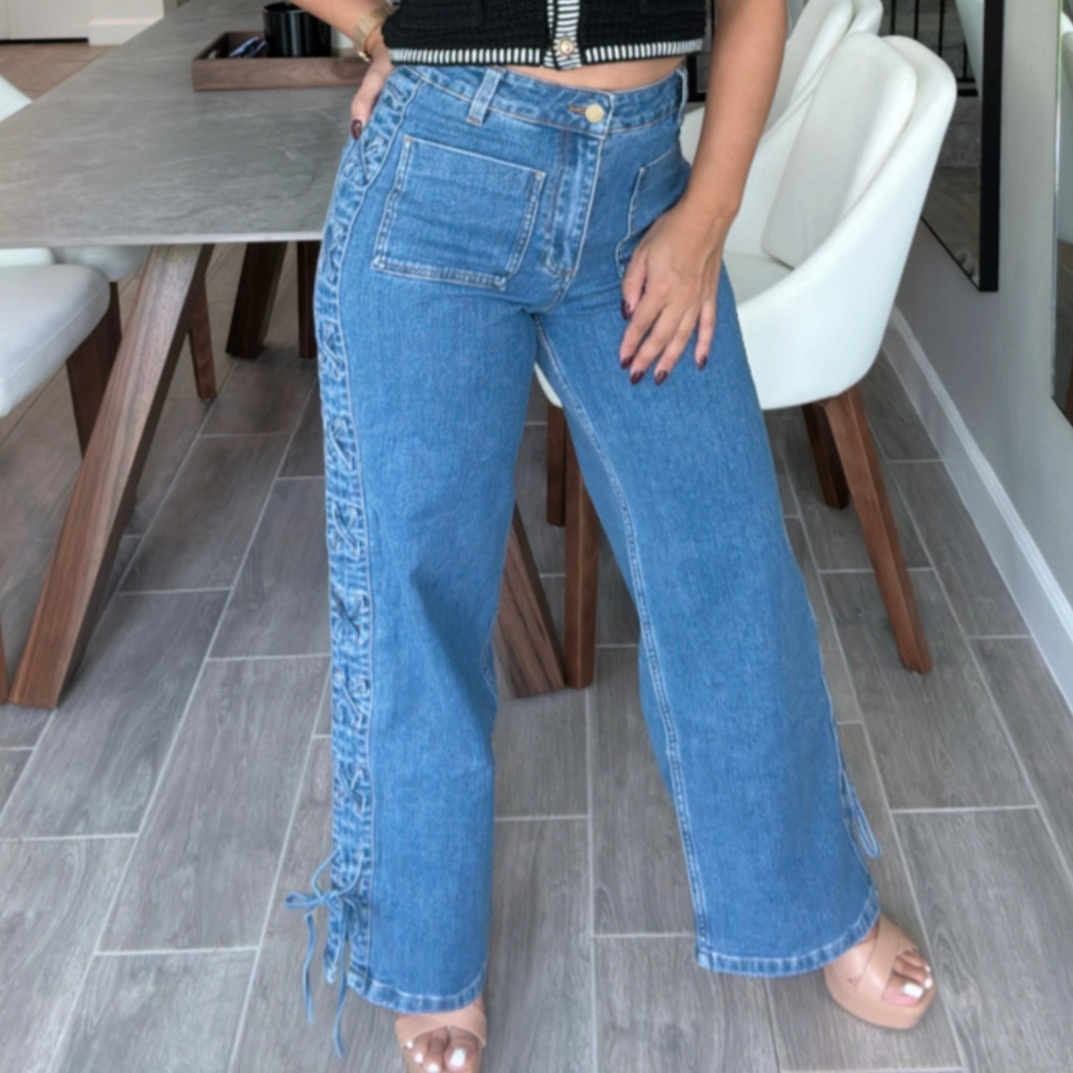 Lace up side denim pants