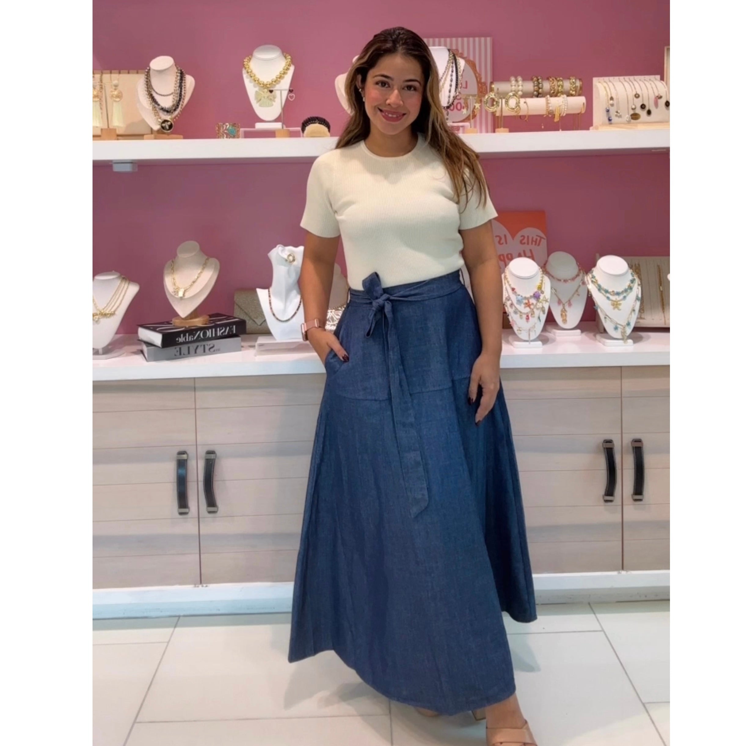 Lola cream/denim dress